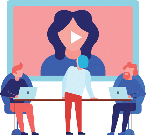 illustration of video playing on screen and 3 people are watching. 